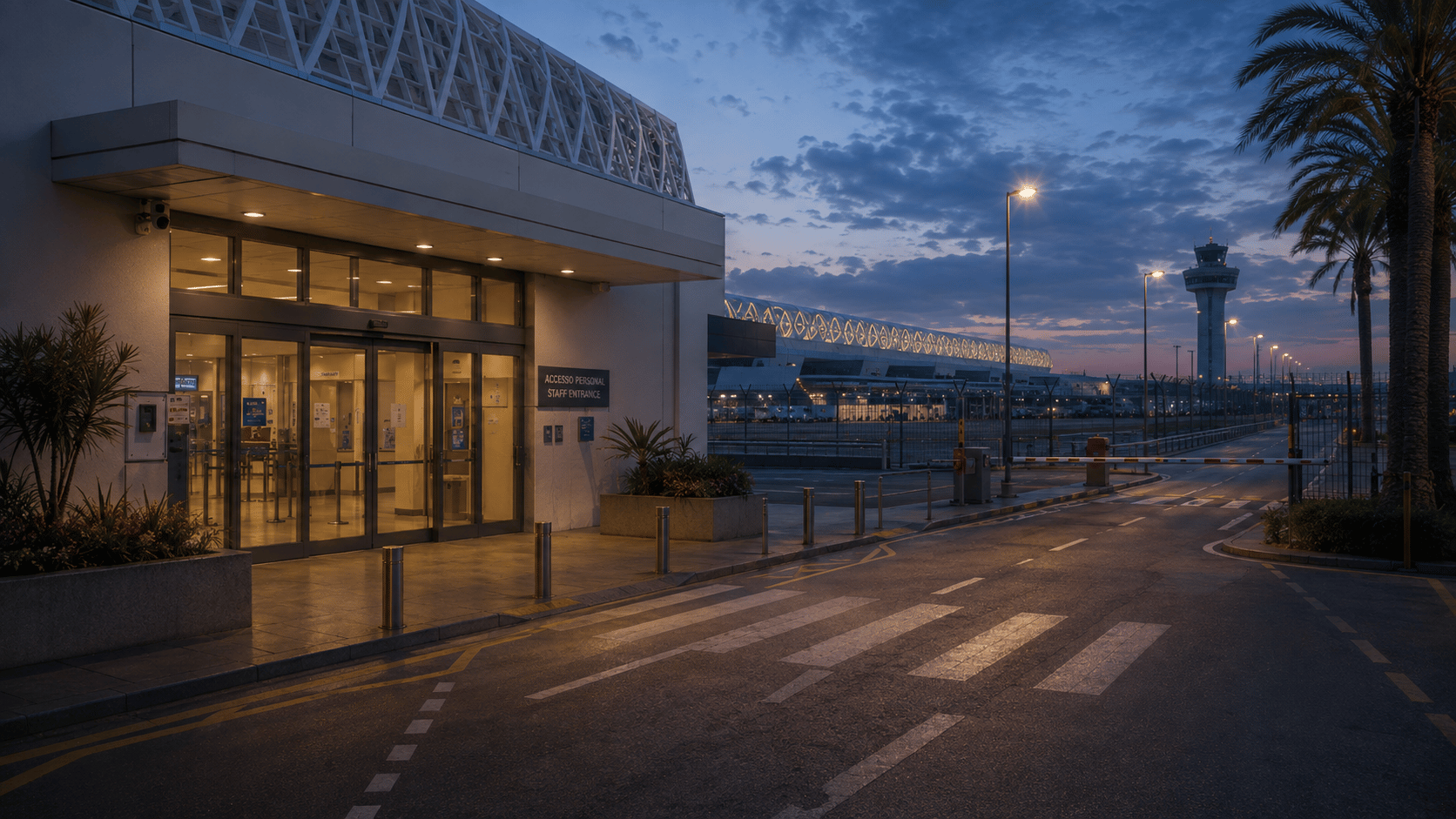 AEROCIETY airport staff-entrance concept scene in Palma